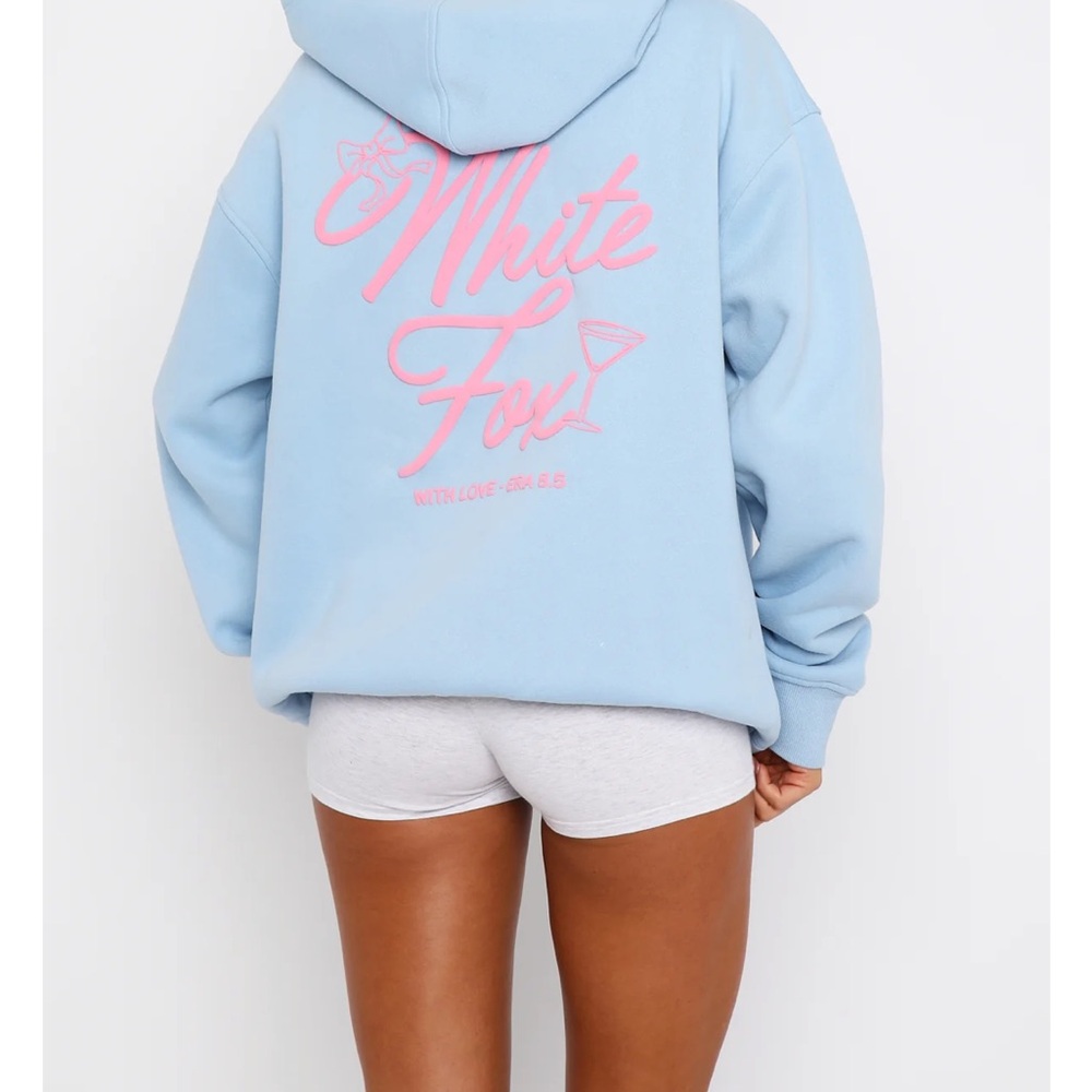 White Fox Boutique Light Blue Hoodie with Pink Accents